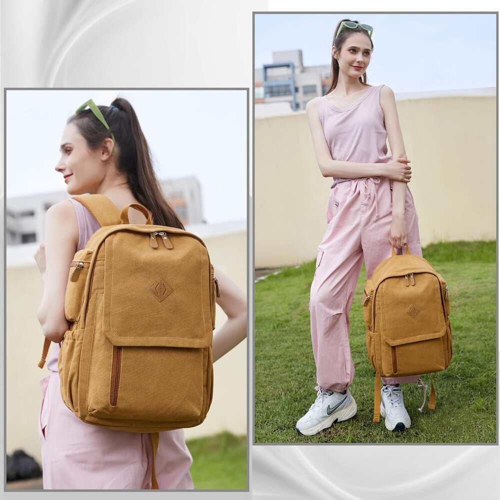 Canvas Backpack for Men Women Laptop Bag 15.6 inch Vintage Rucksack Casual Trave - Picture 3 of 6